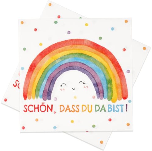 Deepton 40 Stück Servietten Regenbogen - Schön Dass Du Da Bist, Regenbogen Deko für Kindergeburtstag, Taufe, Babyparty, 33 x 33 cm