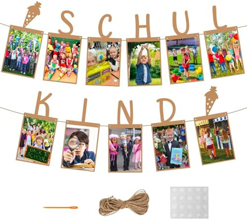1 Stück Schulkind Fotogirlande, Einschulung Deko, Schulstart Girlande Fotobanner, Kraftpapier Fotobanner, Hängende Wanddekoration für Jungen Mädchen Schuleinführung Schulanfang Schulstart