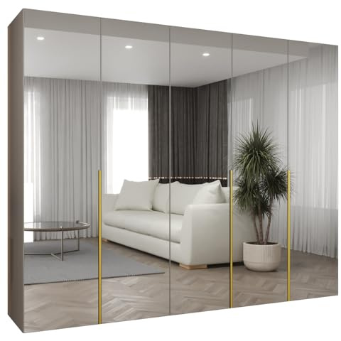 MEBLE KRYSPOL - Kleiderschrank mit Spiegel - Drehtürenschrank - Schrank 250 x 202 x 52 cm - Garderobenschrank Schlafzimmer, Flur, Jugendzimmer - Kaschmir, Griff Gold - Alicante 3