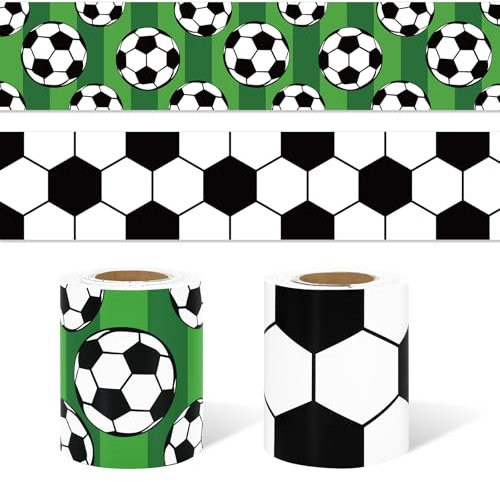 FYSUIMU 65.6 Ft Soccer Ball Bulletin Board Border Green Black White Soccer Die Cut Border Trim for Sports Party Home Classroom Wall Decoration, 2 Rolls