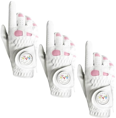 AXKAL Damen-Golfhandschuh für Linkshänder, Rechtshänder, Leder, mit Ballmarker, Vorteilspackung (nicht im Paar), langlebig, weich, gute Griffigkeit, Passform, Größe S, M, L, XL (Rosa, M, rechts)