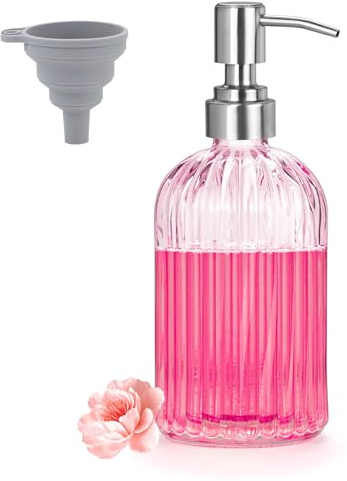 Glass Soap Dispenser - 400ml Hand Soap Dispenser Bottle with Stainless Steel Pump, Refillable Hand Wash Dispenser with Funnel, Washing Up Liquid Dispenser for Bathroom Kitchen Laundry Room (pink)