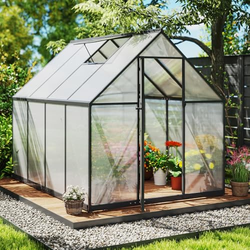 COSTWAY Gewächshaus mit Fundament, wetterfest aus Aluminimum, Treibhaus mit verstellbarem Dachfenster & Tür, 250 x 190 x 195 cm, Frühbeet und Pflanzenhaus für Tomaten Pflanzen, Outdoor Garten Balkon