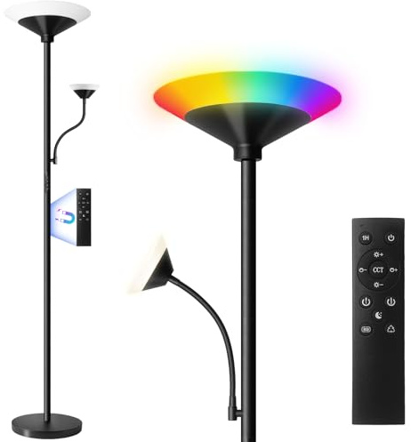BBHome LED Stehlampe Wohnzimmer RGB, 27W Deckenfluter LED Dimmbar mit 6W leselampe, 3000K-6500K Moderne Dimmbar Stehlampe mit Fernbedienung & Berührung für Wohnzimmer, Schlafzimmer, Büro, Schwarz