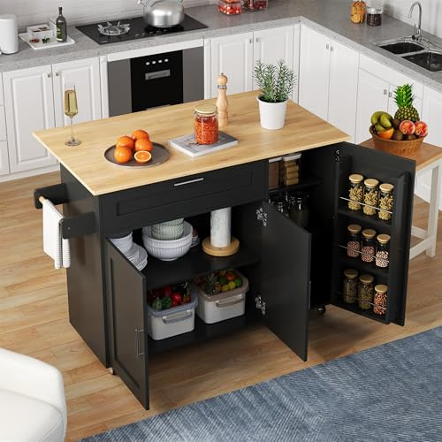 Oxtao Küchentisch mit abklappbarer Arbeitsplatte, Bewegliche Kücheninsel Servierwagen auf Rollen, Handtuchhalter & Gewürzregal, geeignet für Küche/Essen/Haus (Schwarz-A, 132.5x70.5x90CM)