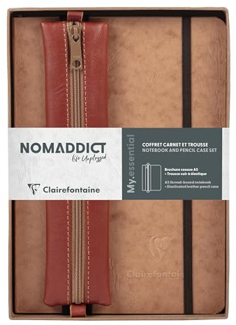 Clairefontaine 793439C - Set Nomaddict mit Notizbuch A5 My.essential DOT und Federmäppchen Braun, 1 Set