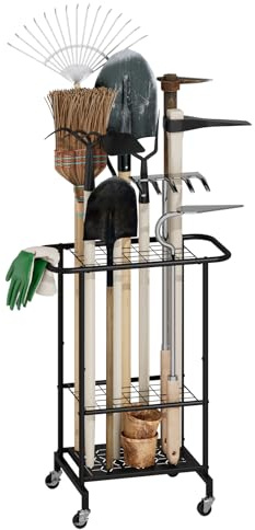 BMOSU 3-Tier Garden Tool Organizer with Wheels, Garage Floor Rolling Storage Cart on Wheels Heavy Duty Metal Rolling Storage Cart, Yard Tool Tower Rack for Garage, Patio, Shed, Indoor Outdoor