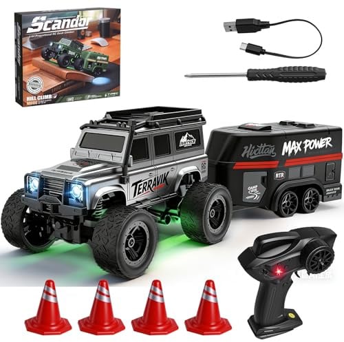 Indrnif Coche teledirigido todoterreno Drift Car, 1:64 Mini Crawler con remolque, mesa RC Off-Road Car, coche teledirigido de 2,4 G con luces LED, juguete de carreras para adultos y niños
