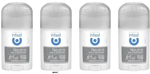 Infasil Neutro Tripla Protezione Deo-Stick, 24 Ore, Senza Alcool, 40 ML, Confezione da 4 Pezzi + Italy Shop Portachiavi Gratis