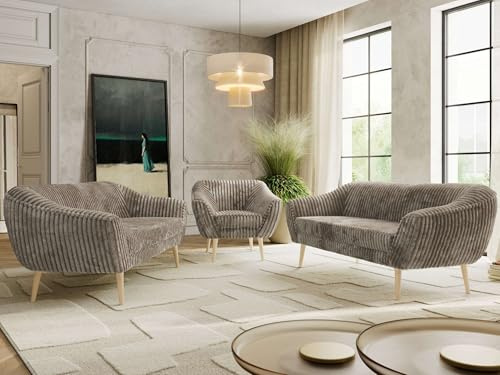 MKS MEBLE Sofagarnitur PIRS 3 + 3 + 1 - Couchgarnitur im skandinavischen Design, Gesteppte Polsterung, Wellenfederung, Wohnzimmer Sofa Set - Buche Beine, Hellbraun Cord