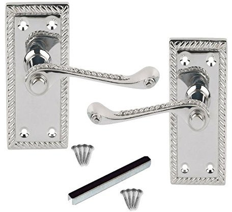 Golden Grace Georgian Scroll Lever Latch Door Handle, Polished Chrome 107mm | Includes spindle and fixing screws for a hassle-free setup, featuring rope edge detailing in a durable metal build.