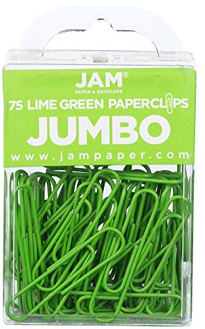 JAM PAPER Colourful Jumbo Paper Clips - Large 50.8 mm - Lime Green Paperclips - 75/Pack