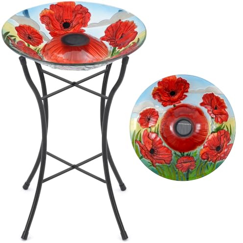 CHRISTOW Solar LED Glass Bird Bath, Poppy Design | and-Painted Glass Bowl, Solar Powered LEDs, UV-Resistant Design, Powder-Coated Steel Stand, 50cm Tall, Garden Bird Bath