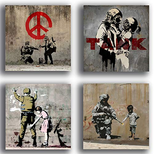 printerland.it Quadri stile Banksy Murales Street Art Pace Guerra Soldato 4 Pezzi 30x30 cm Stampa su Tela Canvas