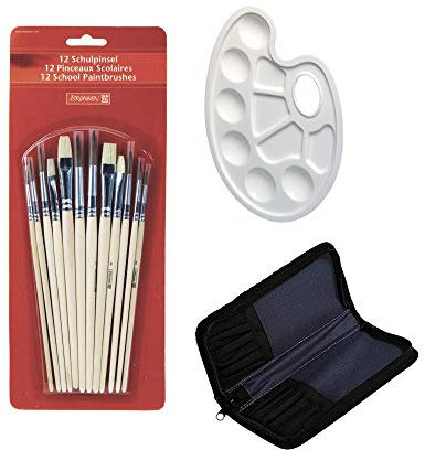 BRUNNEN 1048929 Schulpinselset (12 er Set, Naturhaar) (1, 12 Pinsel + Tasche + Mischpalette)