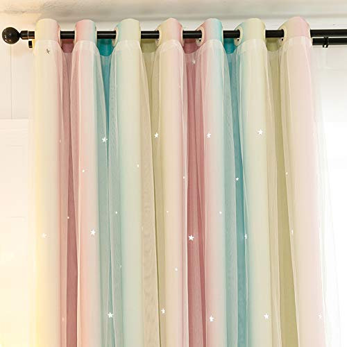 Michorinee Vorhang Kinderzimmer Blickdicht Gardinen Mädchen Junge Hohle Sterne Verdunkelung Vorhänge Farbverlauf mit Ösen Voile für Mädchenzimmer, Blau Rosa 1 Stücke 240 × 132cm (H × B)