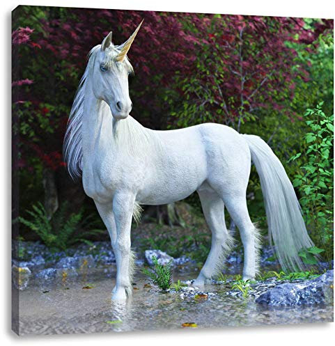 Pixxprint Majestätisches Einhorn in Waldsee, Größe: 40x40 cm, Leinwandbild Quadratisch, Wandbild, Kunstdruck, fertig bespannt