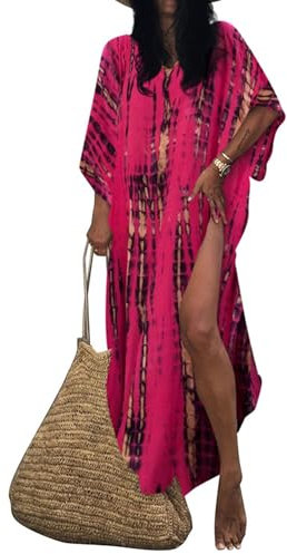 Bsubseach Women Beach Kaftan Dresses Half Sleeve Plus Size Bathing Suit Cover Ups Caftan Dresses Rose