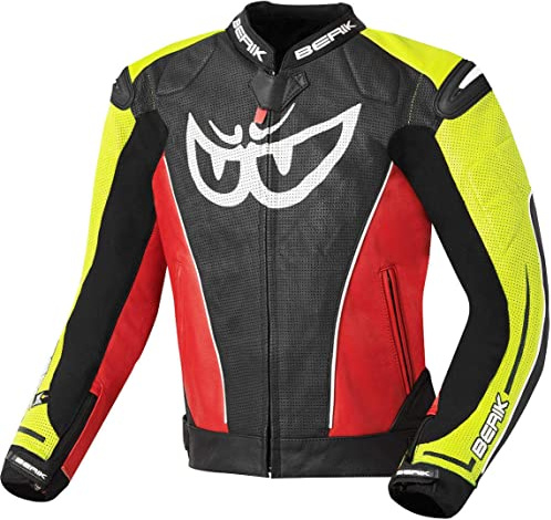 Berik Street Giacca in pelle da moto, nero/rosso/giallo, 52