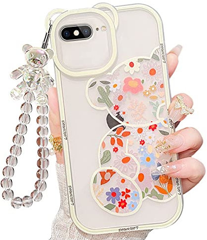 IAIYOXI for iPhone 7 Plus Case with Cute Flowers Bear Pattern, Camera Protector, Clear Phone Case and Lovely Strap Bracelet Chain, Compatible for iPhone 7 Plus for Girls Women (Clear)