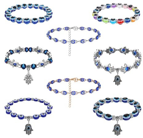 Dochais 8 Stück Evil Eye Armband Set, Evil Eye Armband Blau, Hamsa Hand Armband, Hand von Fatima Armband, Armband Türkisches Auge Perlen, Stretch, 7 Chakren Armband Glücksarmband für Damen Herren