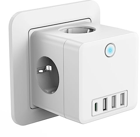 Ladrones Enchufes Modernos, Beedove 8 en 1 Cubo Regletas Enchufe USB con 4 Tomas CA(3680W/16A), 3 Puertos USB(5V/3.4A) y Type C, Enchufe Multiple Pared con Interruptor, para Hogar/Oficina, Blanco