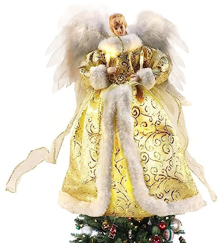 Tefola Engel-Baumkronen-Figur, 12,6-Zoll-LED-Weihnachtsbaumspitze, Stern-Engel-Dekoration, Weihnachtsengel, schöne Weihnachtsdekoration (Gold)