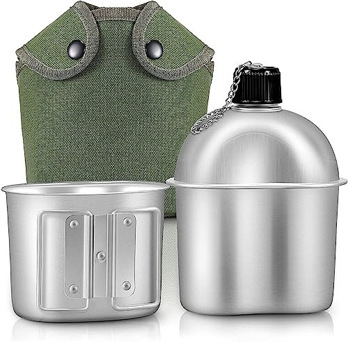 LinaLife Borraccia militare in alluminio da 1 qt, con copertura in nylon, per escursionismo, portatile, in acciaio inox, con tazza, borsa verde, per sport all'aperto, campeggio, escursionismo, viaggi
