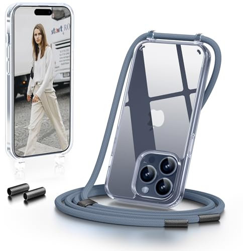 GOODVISH Coque pour iPhone 15 Pro Max avec Cordon de Collier, Transparente Coque Bumper Etui Housse avec Cordon Réglable Téléphone Lanyard Case Anti-Chute TPU Collier Cover 6,7 Pouces, Bleu
