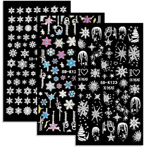 Nagelsticker Weihnachten, 5D Nail Art Sticker, Schneeflocken Stereoskopische Selbstklebende Nagelaufkleber, DIY Maniküre Aufkleber für Weihnachten, Nail Art Sticker Dekoration Nageldesign Zubehör