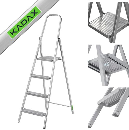 KADAX Scala Unilaterale in Acciaio Con Piedini Antiscivolo, a Gradini Larghi, Con Ripiano, Pieghevole, Domestica (4 Livelli)