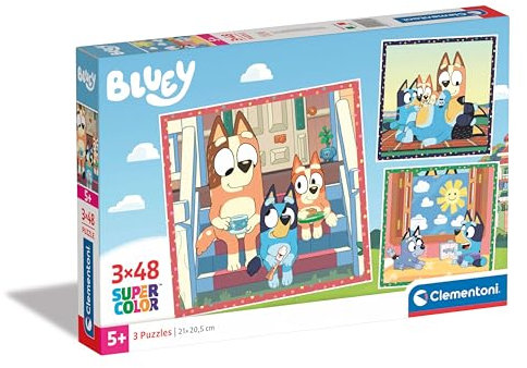Clementoni Bluey Puzzle 3 x 48 Teile - Puzzle 32 x 22 cm für Kinder ab 5 Jahre - buntes Kinderpuzzle mit besonderer Leuchtkraft & Farbintensität 25308