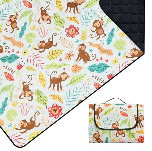 Outplea Kinder Picknickdecke Wasserdicht Faltbar, 200x200cm Tragbare Strandmatte Tier Maschine Waschbar, Große Outdoor Decke für Camping Reisen Wandern, Affen