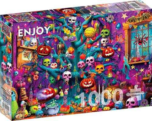 1000 Pieces Jigsaw Puzzle – Matte Finish, Soft Touch, Sturdy and Unique Pieces, Tight Fit, Vivid Colors, Missing Pieces Service – Fun Halloween Haunted House with Skulls and Pumpkins – by ENJOY Puzzle