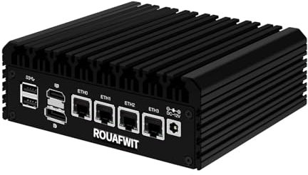 ROUAFWIT N100 Mini PC Fanless Micro Firewall, DDR5 32GB RAM 512GB SSD Router Piccolo Computer Apparecchio, 4 x 2.5Gbe i226-V LAN, TF slot, Supporto Linux, OPNsense, AES-NI