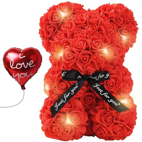 Lichtbär mit Rosen und Herzluftballon | Romantisches Geschenk für Frauen | Teddy Bear | Mit LED und Ewiger Rose | Geschenkset | Ideal für Valentinstag, Muttertag | OriginalCorner®