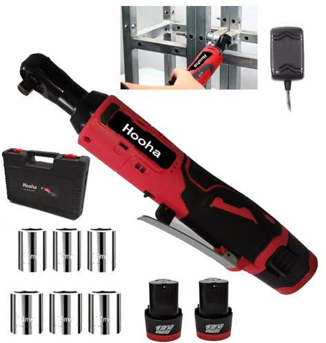 Hooha Akku-Ratsche Elektrischer Ratschenschlüssel Set Mit Akku Und Ladegerät，3/8 230U/min 12V 2x 2000mAh Akkus 65N.m,Und 45-Min-Schnell-Ladung,Für Möbel-Montage/Tisch Und Stuhl Reparatur