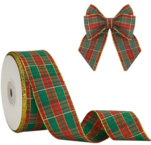 G2PLUS Rot und Grün Geschenkband 40mm, Breit Weihnachten Karoband mit Goldkante, 22m Plaid Weihnachten Bänder für Geschenke, Dekoband zum Weihnachtskränze, Weihnachtsbaum Deko
