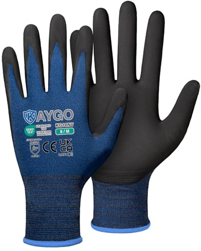 KAYGO Safety Work Gloves MicroFoam Nitrile Coated 12 Pairs, KG18NV | 15G Seamless Knit Nylon Liner, Breathable, Dexterity, Non-Slip Grip in Oily for Warehouse, Automotive, DIY (Navy Blue, M)