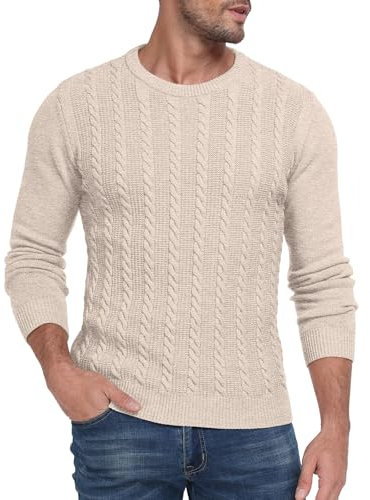 Hisir Herren Strickpullover Kabel Stricken Dicken Rundhalsausschnitt Weben Pullover Winter Warm Langarm Pullover für Herren (Beige, L)