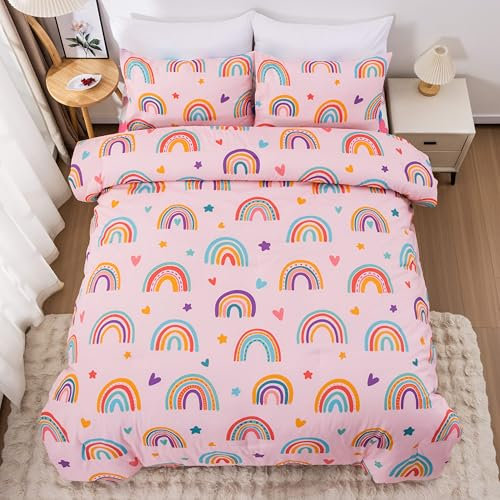 Btargot Leichtes, weiches 3-teiliges Regenbogen-Bettwäsche-Set mit 2 Kissenbezügen, Cartoon-Herzen, Blumen und Sonne, Mond, Stern, Bettwäsche-Set für Mädchen, Jungen, Kinder, Blush