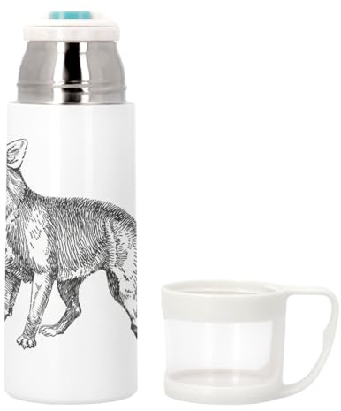 Thermoskanne aus Edelstahl mit integrierter Tasse, Motiv: Fuchs, Vintage, antike Gravur, 350 ml, Thermosflasche