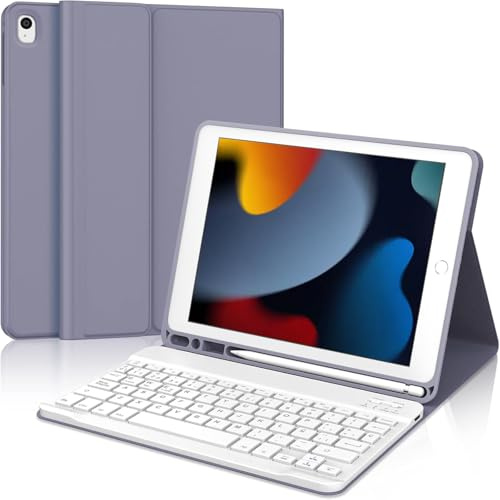 WINCHKING Funda Teclado para iPad 9/8/7 Generación 10.2 2021/Air 3/Pro 10.5 | Iluminación de 7 Colores, Magnético Bluetooth Teclado Funda para iPad 10.2 2021/2020/2019, QWERTY Español Ñ, Púrpura