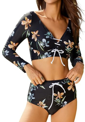 FEOYA Women Two Piece Swimwear Long Sleeve Swimsuit with High Waisted Bottom Ladies Beach Surfing Summer Vacation Set Black-3 S