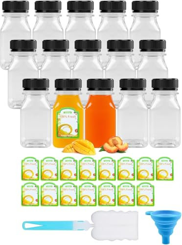 CoKeeSun 15 Pcs Juice Bottles 500ml/16oz, Shot Bottles with Lids Reusable Mini Plastic Bottle Set with Funnel, Cleaning Brushes, Stickers for Storing Juices, Drinks, Milk, Water (Black)
