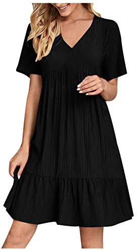 Robe De Plage Femme Ete Col V Manches Courtes Chic Elegant BohèMe Tunique Robe Ample A-Line Mi-Longue Dress Grande Taille DéContractéE Robes Unie Taille Haute Robes Pour Soiree Mariage Ceremonie