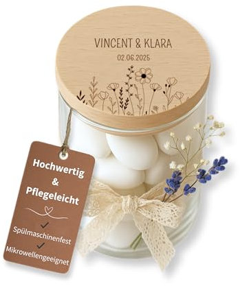 Personalisierbares Vorratsglas mit Holzdeckel – Geschenk zur Hochzeit – Glas mit Gravur & Deko – Gastgeschenk - [einzeln - S/M/L - 0,2-0,8 L] - Deko Hochzeit (Blumenwiese, S: 200 ML)