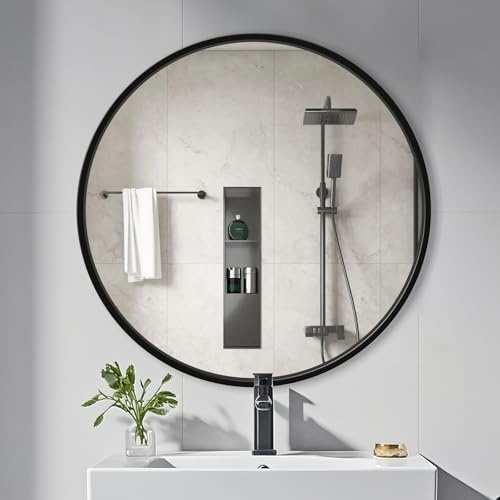 yuzeyurun Round Bathroom Mirror, 50CM×50CM Circle Black Metal Frame, HD Glass Circle Wall Mirror for Bathroom Vanity, Entryway, Living Room, Home Decor