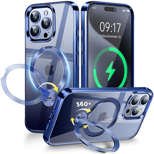 [CD-Metallring & Unsichtbarer 360° Drehständer] Magnetische Hülle für iPhone 15 Pro Max [Galvanisierter Stoßfester Bumper] [Kompatibel mit Magsafe] Dünne Durchsichtige Hülle mit Ständer – Titan Blau