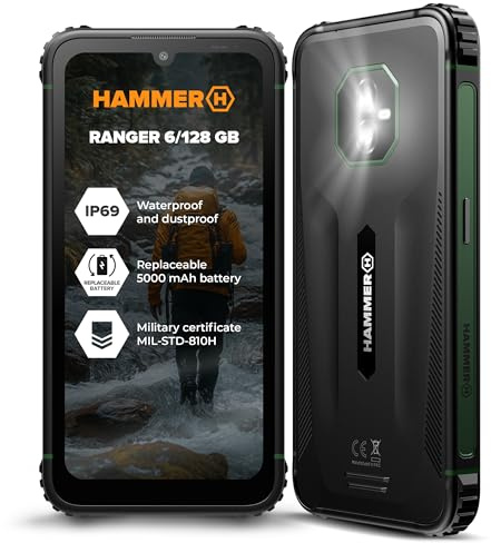 Hammer H Ranger Outdoor Cellulare, Smartphone, 4G LTE, 6/128 GB, 5000 mAh, Display da 6 pollici, 50 MP, Ultrawide, IP69, Gorilla Glass 5, NFC, Biometria, Jack da 3,5 mm, Dual SIM, eSIM